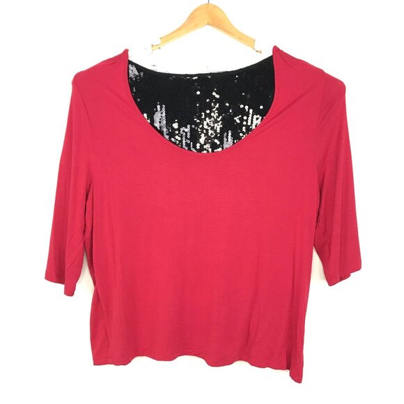Liz & Me Knit Top 1X Red Black Sequins 3/4 Sleeve - Picture 2 of 9